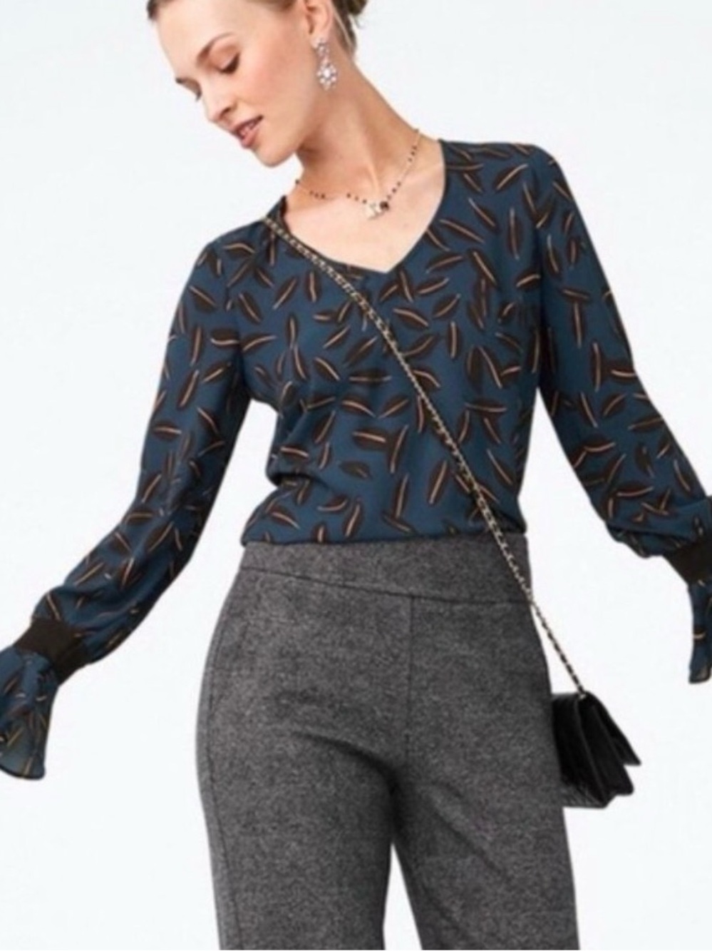 CAbi Blue Leaf Print Semi-Sheer Blouse